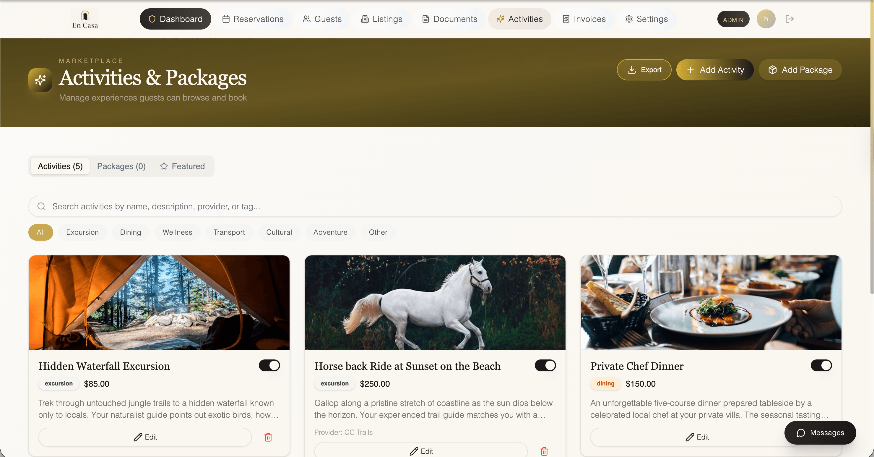 En Casa activities marketplace — curated experiences guests can browse and book