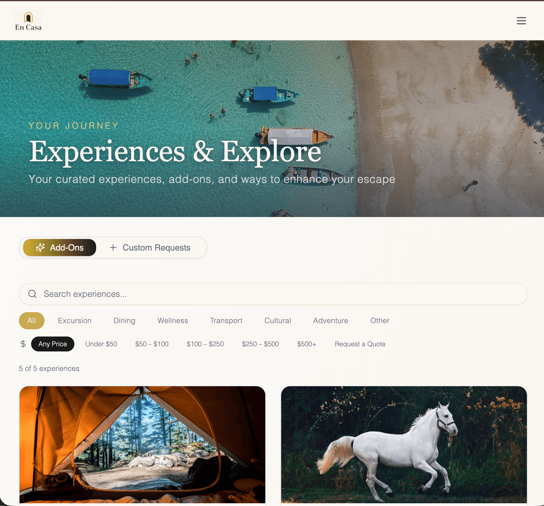 En Casa guest-facing experiences — curated add-ons and custom packages