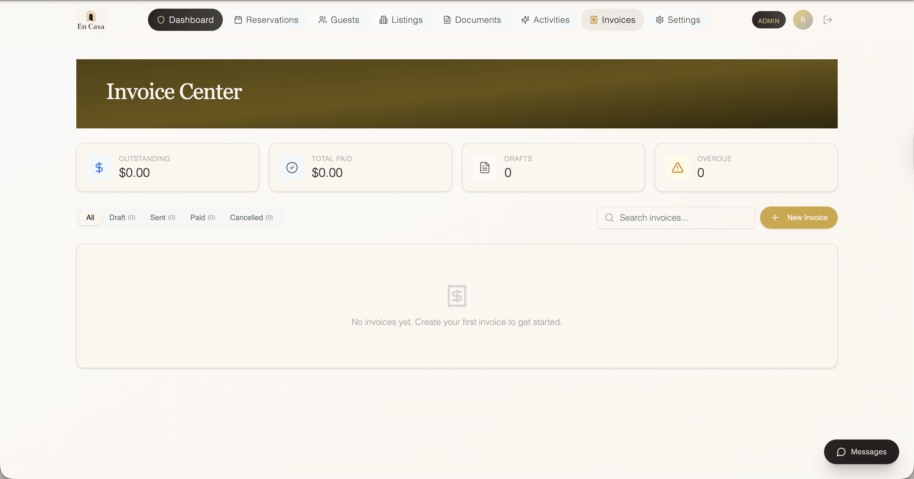 En Casa invoice center — billing overview with outstanding, paid, drafts, and overdue
