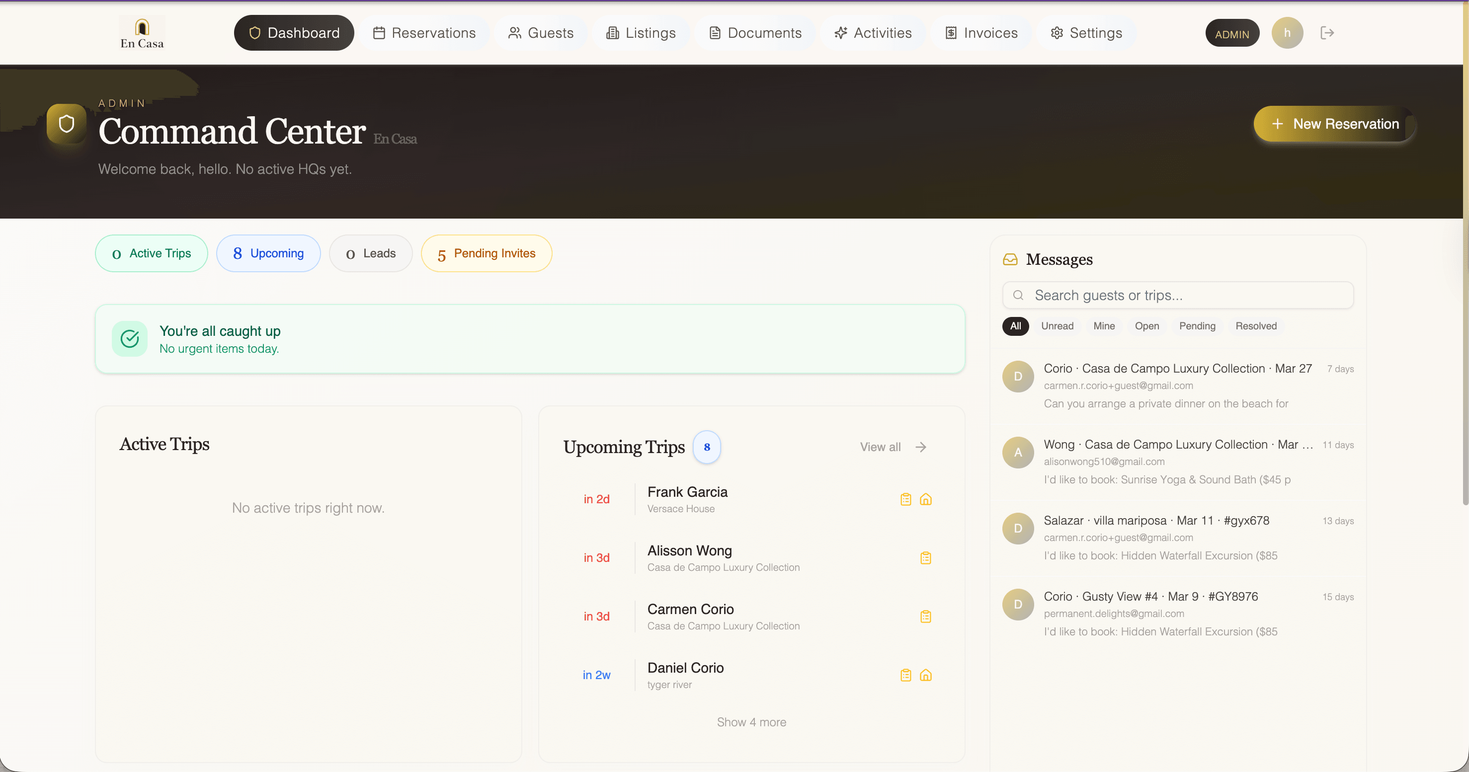 En Casa admin command center showing active trips, upcoming reservations, and guest messages