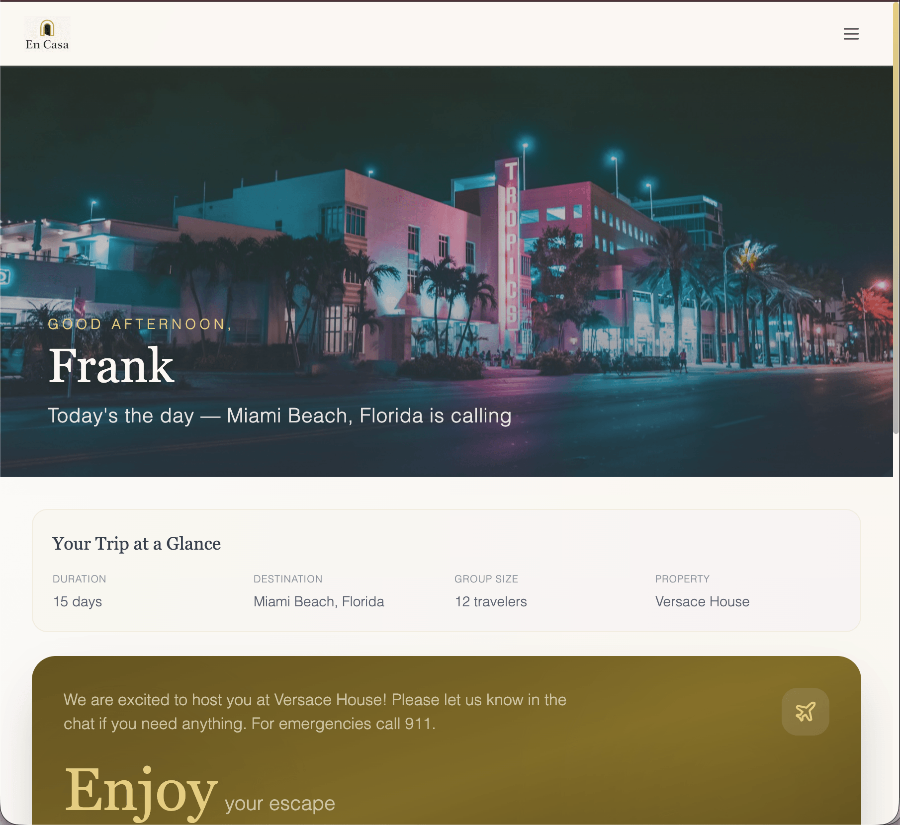 En Casa guest portal — day-by-day itinerary and travel details