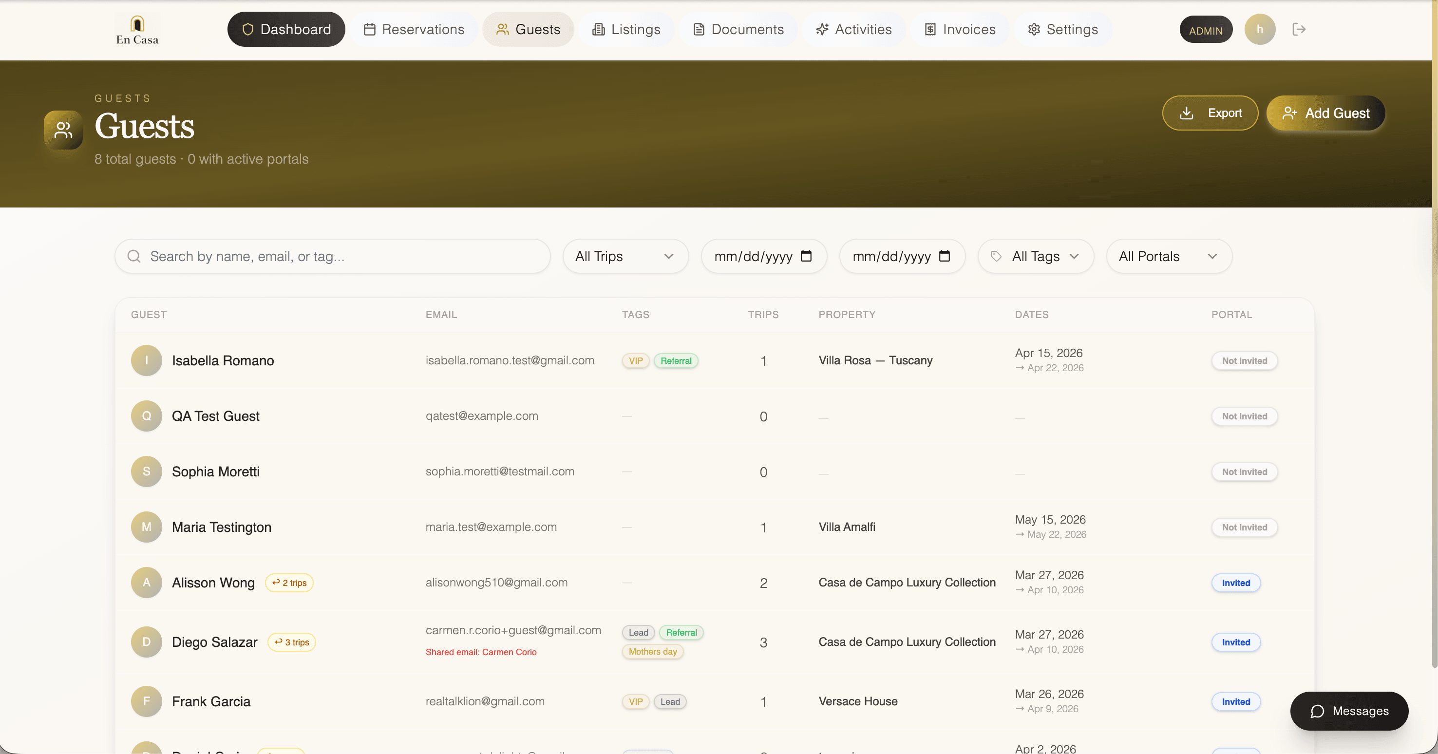 En Casa guest management — CRM with tags, trip history, and preferences