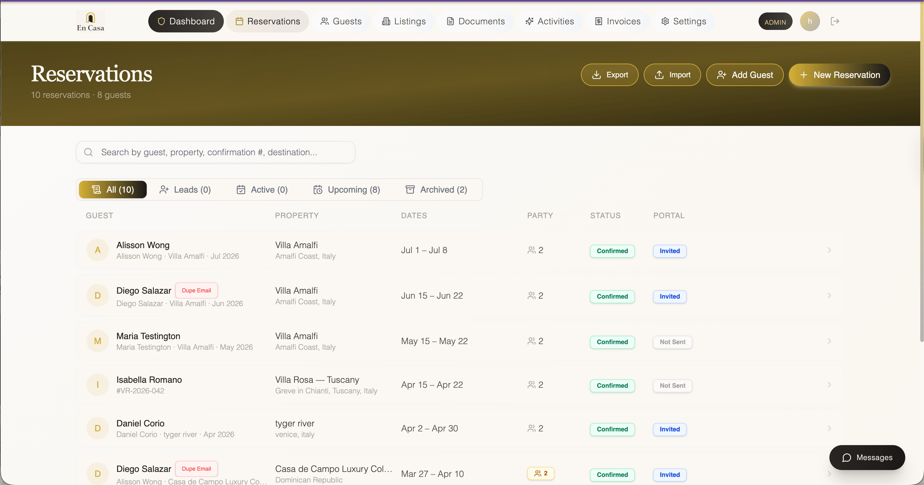 En Casa reservations view — guest list with properties, dates, and portal status